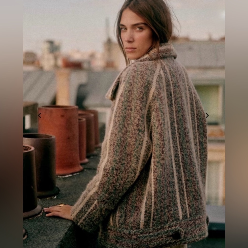 Sezane Striped Wool Blend Utility Jacket in Taupe and Cream